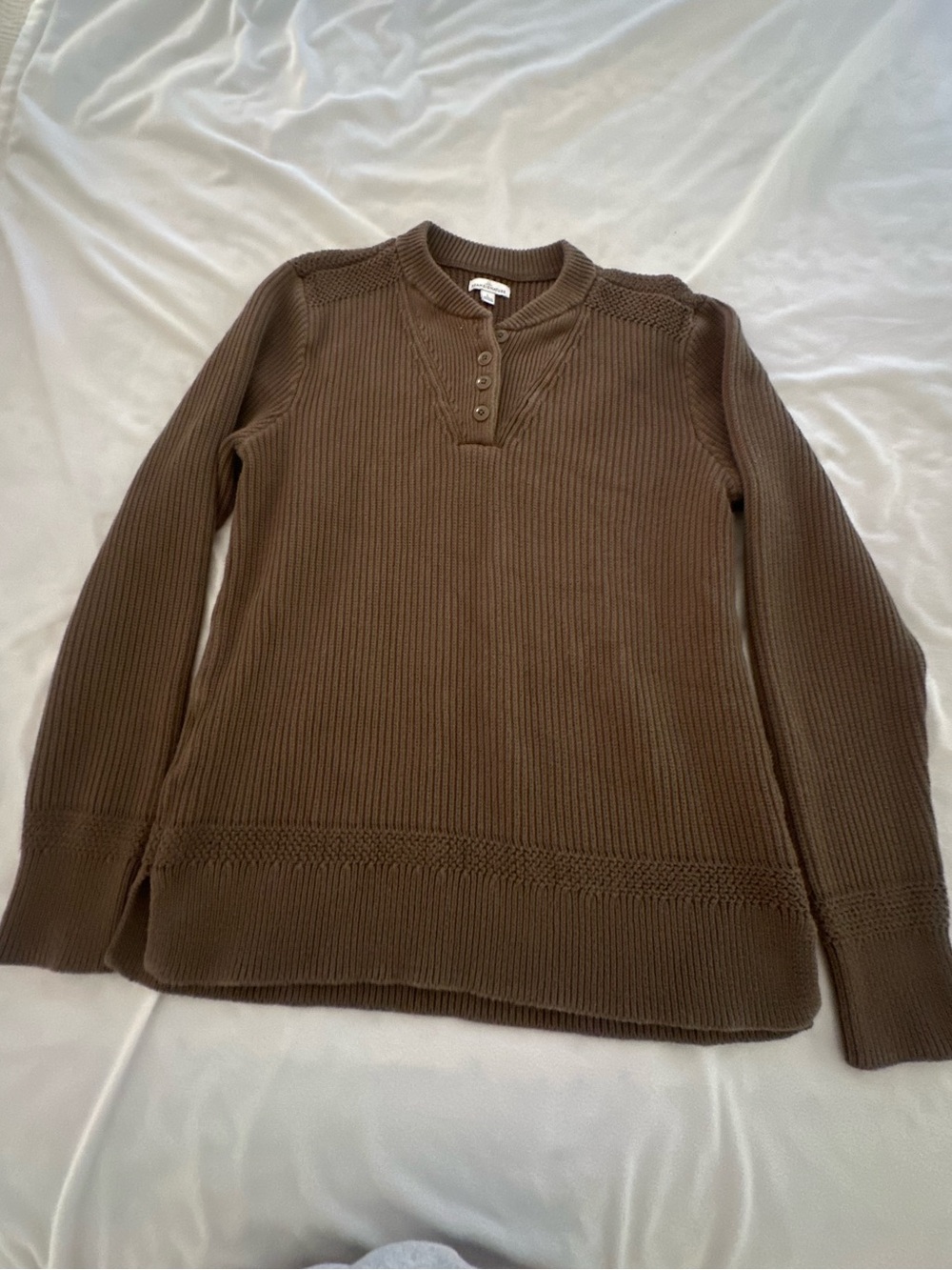 L.L. Bean Signature Brown Ribbed Henley Pullover Sweater